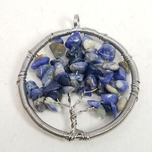 Vintage Blue and Slver Tone Wire Wraped Tree Pendant, Beaded Stone, Tree of Life